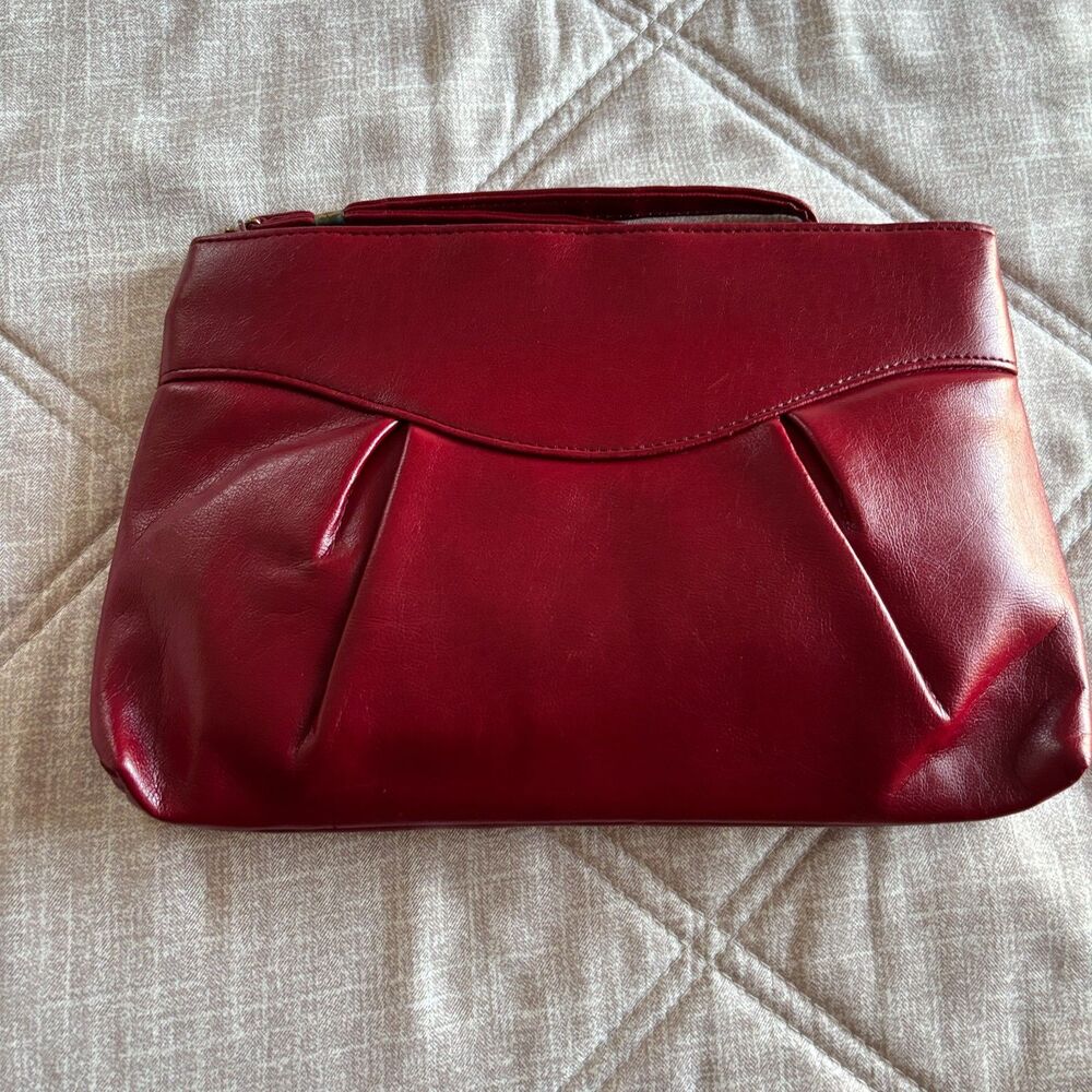Vintage Red Genuine Leather Pleated Wristlet Clutch Bag
